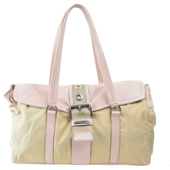 Prada Color Block Pink and Beige Suede Canvas and Leather Satchel - Picture 1 of 10